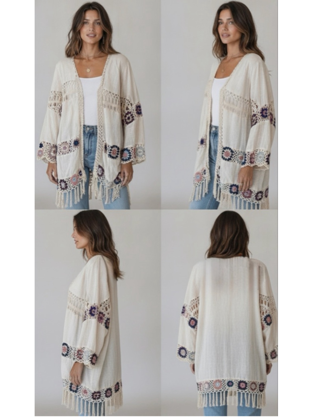 Listicle Boho Crochet Trim Fringe Kimono Cardigan Large Cream Festival Duster - Picture 2 of 10